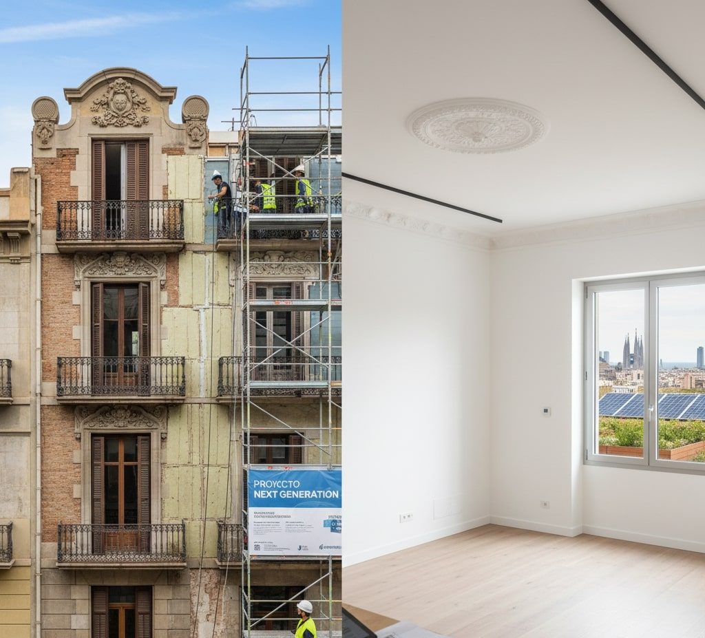 Panorámica de edificios en Barcelona con instalaciones de energía renovable y cubiertas sostenibles.